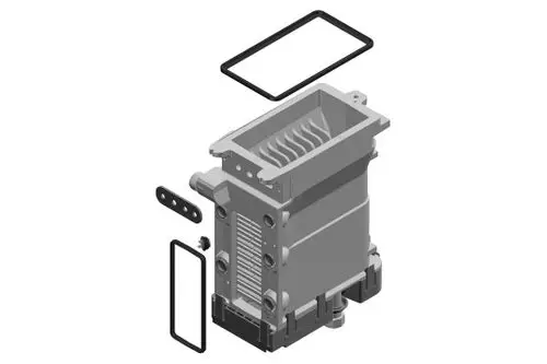 Zeichnung eines Wärmetauschers in einem Basic-Block-Design von Bosch, bestehend aus mehreren Komponenten und Dichtungen zur Montage.